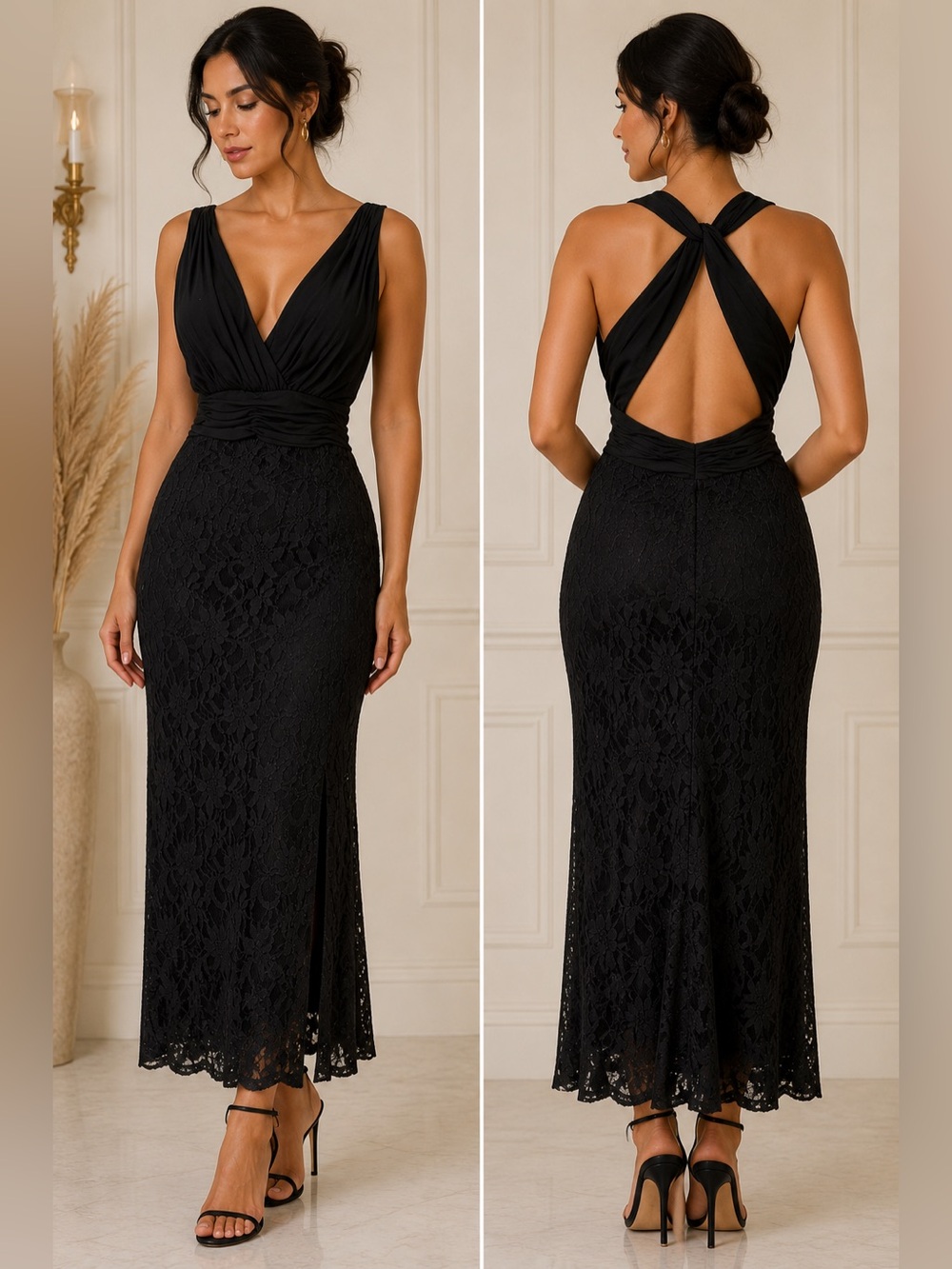 Nightway Black Sequin Lace Open Back Side Slit Formal Gown Dress 12 Prom